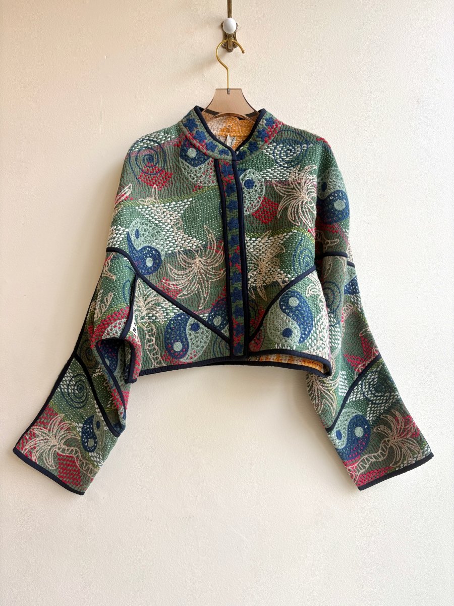 Reversible Kaira Suzani Quilted Cropped Jacket in Colors Fern Green, Ocean, Hot Red & Tangerine, Beige, Red - Made X Hudson