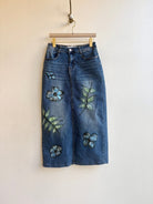 Denim Pencil Skirt with Hand Painted Leaves and Flowers (Reworked) - Made X Hudson