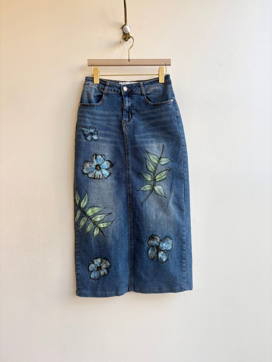 Denim Pencil Skirt with Hand Painted Leaves and Flowers (Reworked) - Made X Hudson