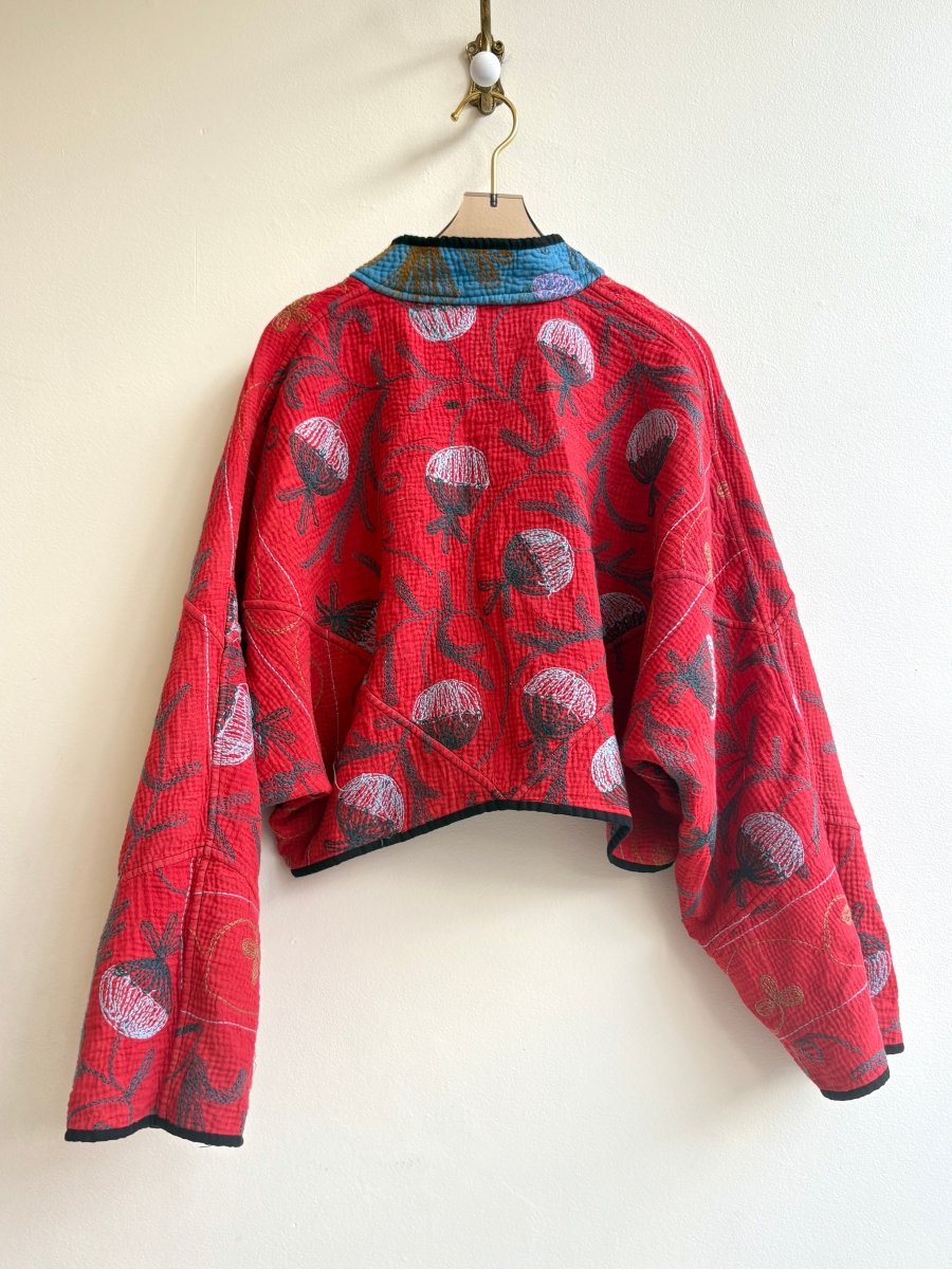 Reversible Suzani Quilted Cropped Jacket in Colors Orange, Red, Grey & Cherry Red, Aqua Blue - Made X Hudson