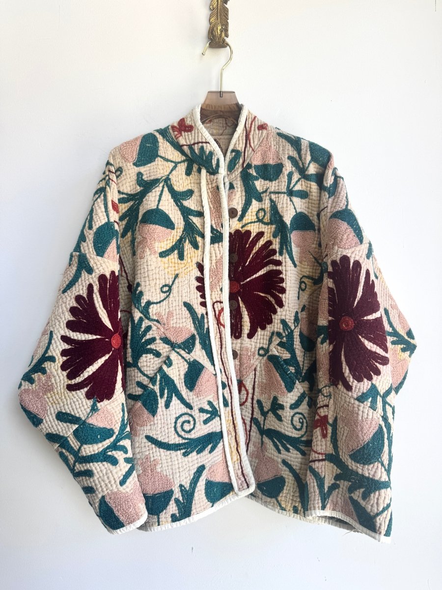 Reversible Ladhiya Suzani Quilted Jacket in Colors Linen, Dark Red, Dark Teal, Pink & Tea, Rust, Teal, Pink - Made X Hudson