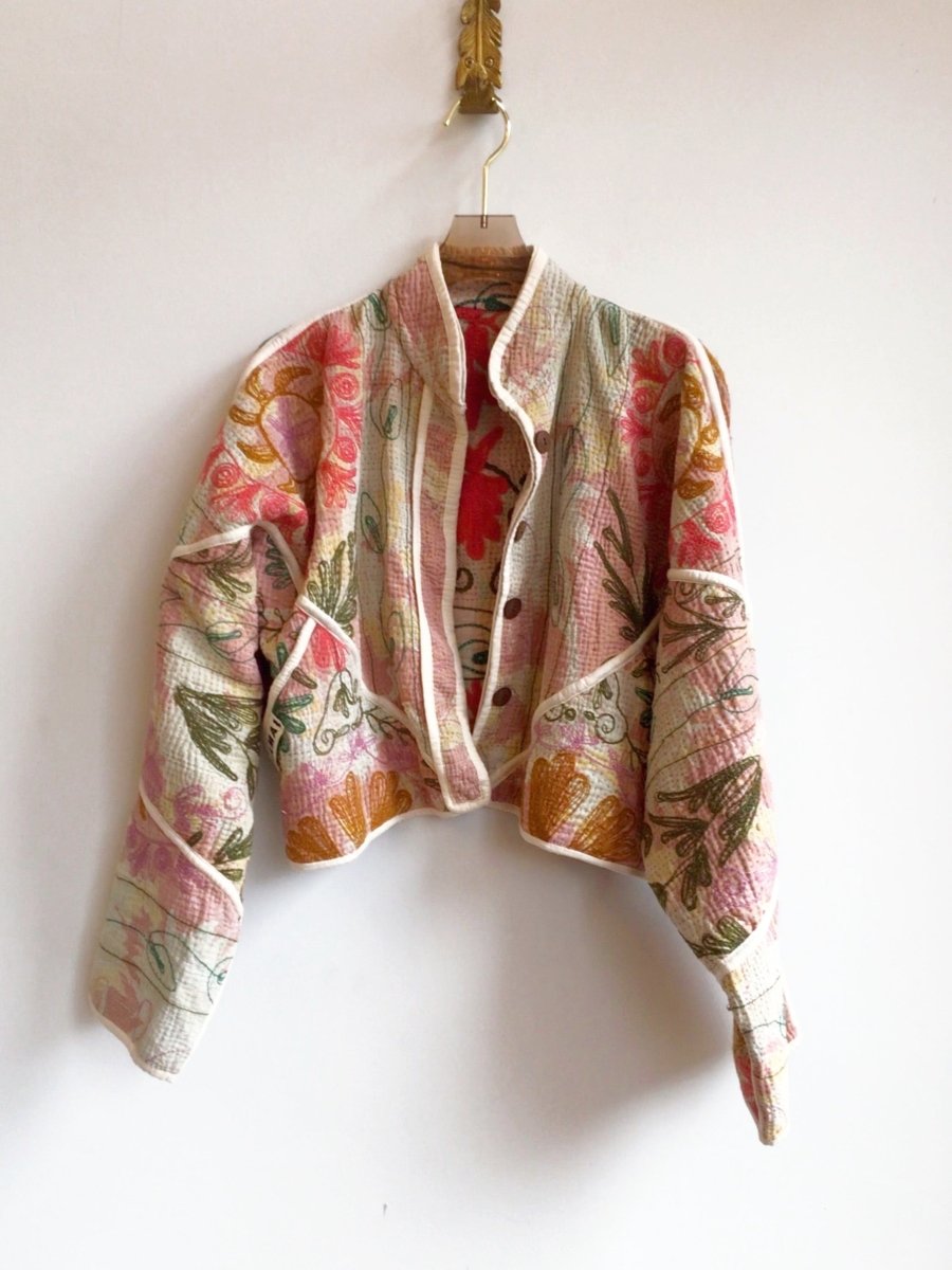 Reversible Kaira Quilted Cropped Jacket in Colors Blush, Mauve, Grey & Powder Blue, Blush - Made X Hudson