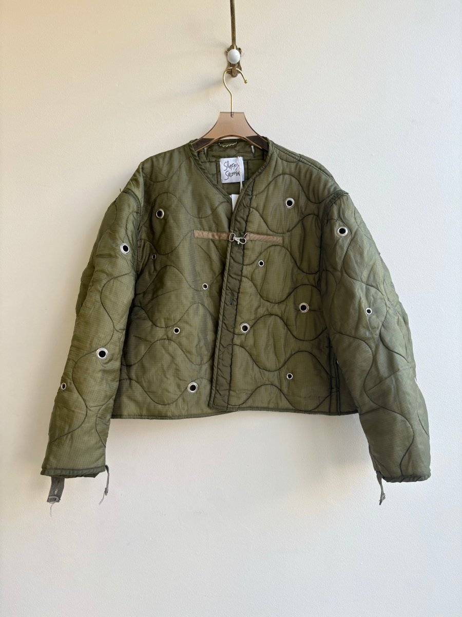 Olive Green Army Liner Quilted Coat w/ Silver Grommets & Clasp (Reworked) - Made X Hudson