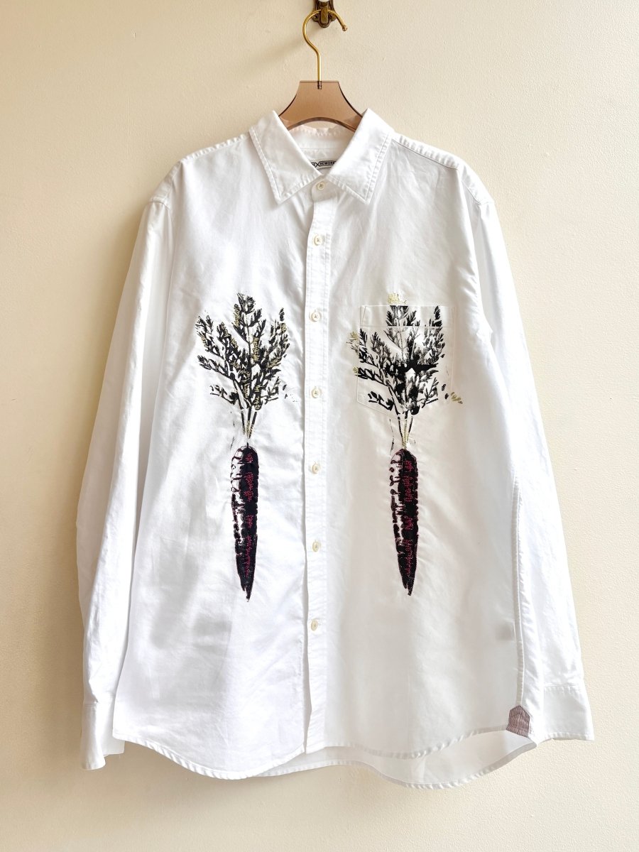 “Maddie” Neon Yellow and Fuchsia Embroidered & Stamped Carrot Print Shirt (Reworked) - Made X Hudson