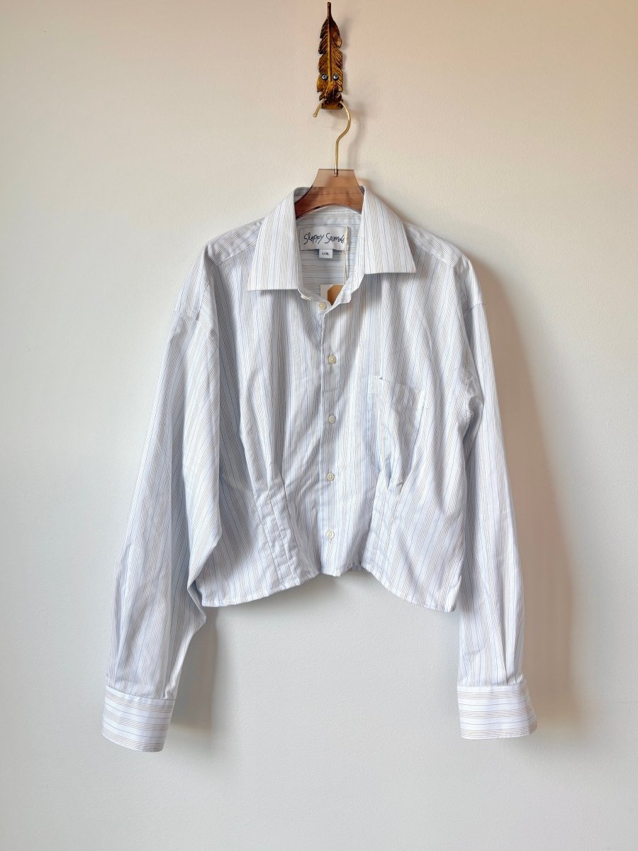 The Kevin Top | Pale Blue & Brown Mini - Stripe Button Down Top w/ Gathered Waist (Reworked) - Made X Hudson
