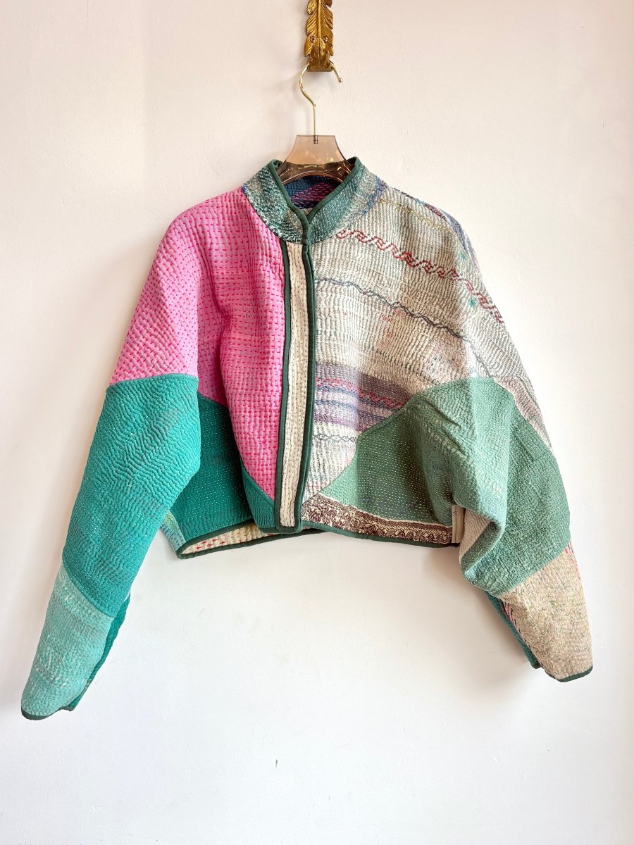 Reversible Kaira Quilted Cropped Jacket in Colors Aqua Blue, Watermelon Pink, Teal, & Ice Blue, Brown, Cream, Watermelon Pink - Made X Hudson