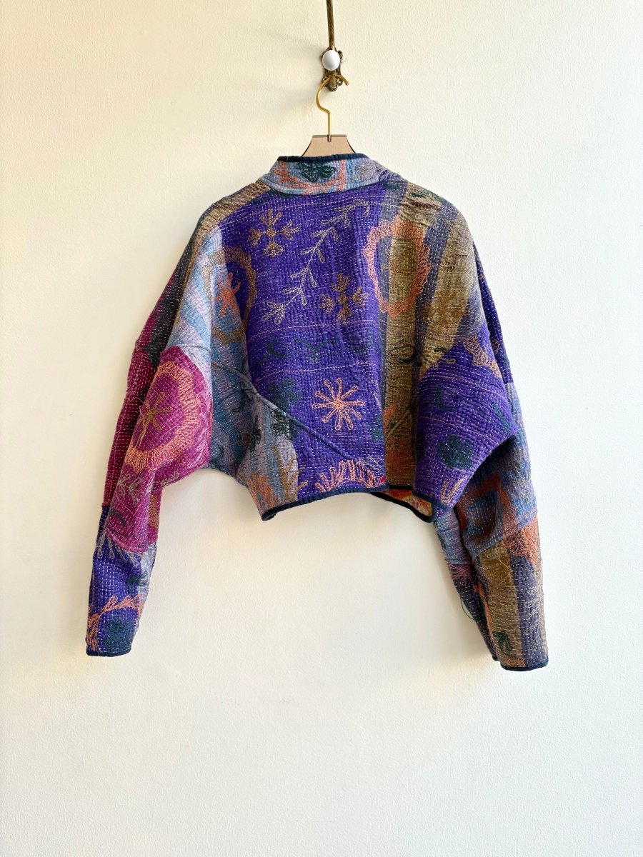 Reversible Kaira Quilted Cropped Jacket in Colors Maroon, Orange, Green Floral & Purple, Plum, Lavender - Made X Hudson