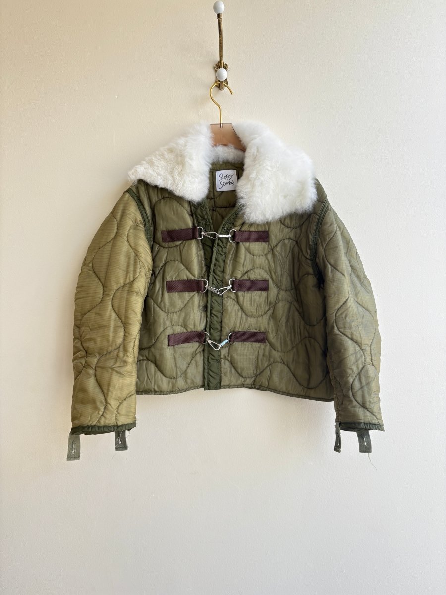 Olive Army Liner Quilted Coat w/ White Alpaca Fur Collar & Brown Canvas & Silver - Tone Clasps (Reworked) - Made X Hudson