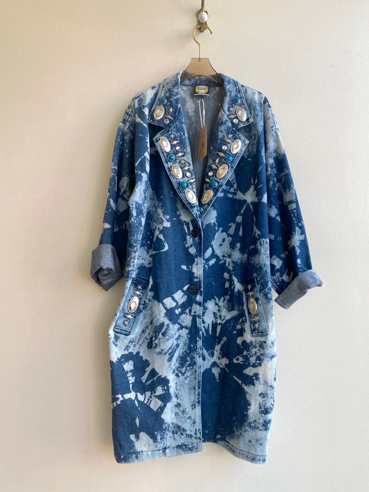 Vintage Hand Dyed Conch Studded Button Up Denim Trench Coat (Reworked)