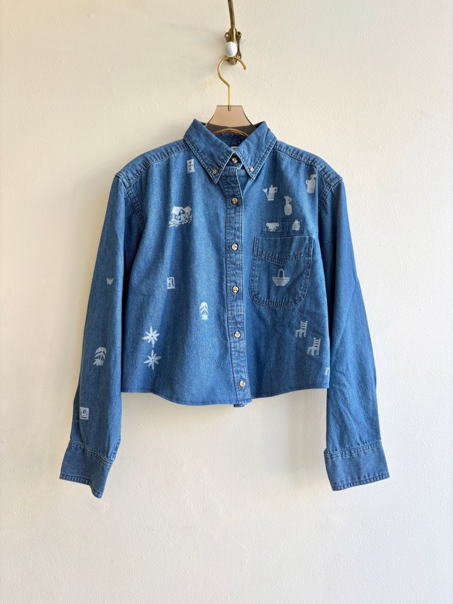 Tiny Print Cropped Button Up in Denim | Block Printed (Reworked) - Made X Hudson