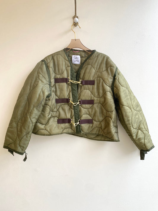 Olive Green Army Liner Quilted Coat w/ Brown Ribbon & Gold-tone Clasps