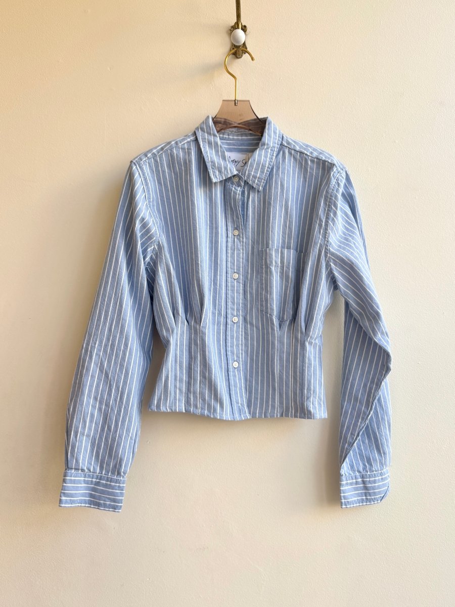 The Kevin Top | Sky Blue & White Stripes Button Down Top w/ Gathered Waist (Reworked) - Made X Hudson