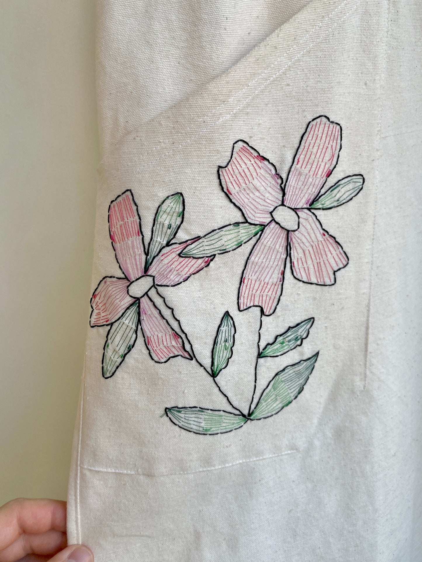 White Organic Linen Hand Embroidered Pinafore Apron w/ Pink & Green Flowers