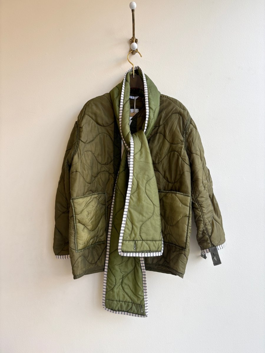 Dark Olive Green Army Liner Quilted Coat w/ Bright Olive Scarf & White Zipper (Reworked) - Made X Hudson
