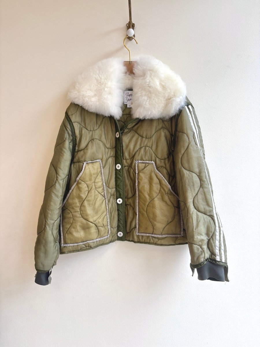 Mixed Olive Army Liner Quilted Coat w/ White Alpaca Fur Collar, Athletic Stripe & White Buttons (Reworked) - Made X Hudson