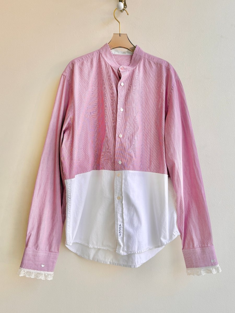 Two - Tone Micro Stripe Red & White Button Down with Lace Cuff & Embroidered Heart on Cuff (Reworked) - Made X Hudson
