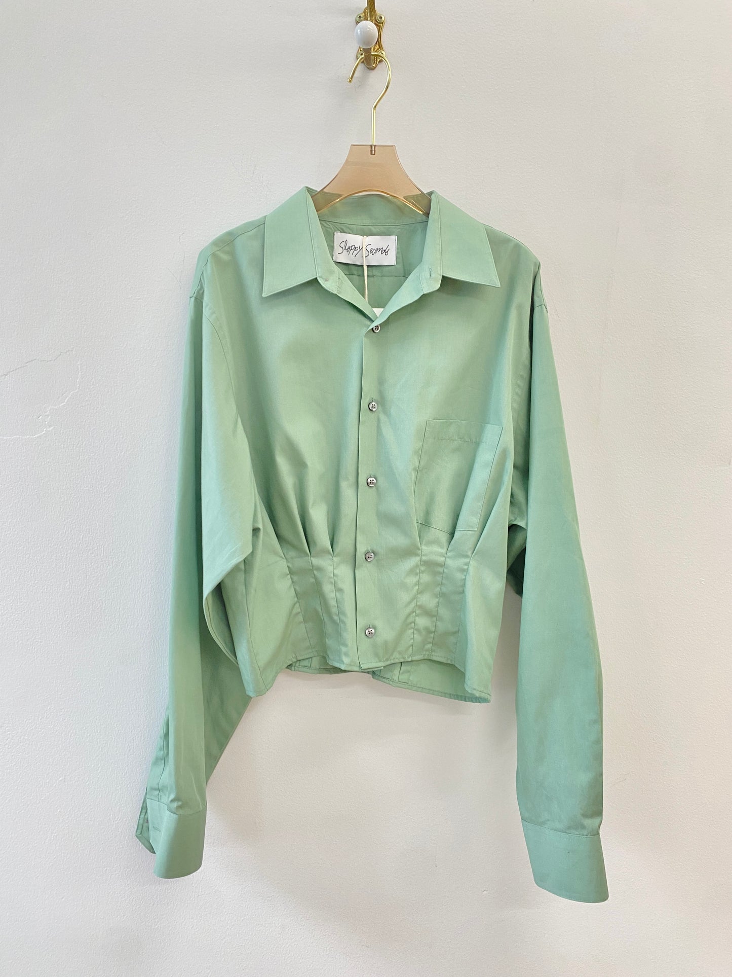 The Kevin Top | Sage Green Cotton Button Down Top w/ Gathered Waist (Reworked)