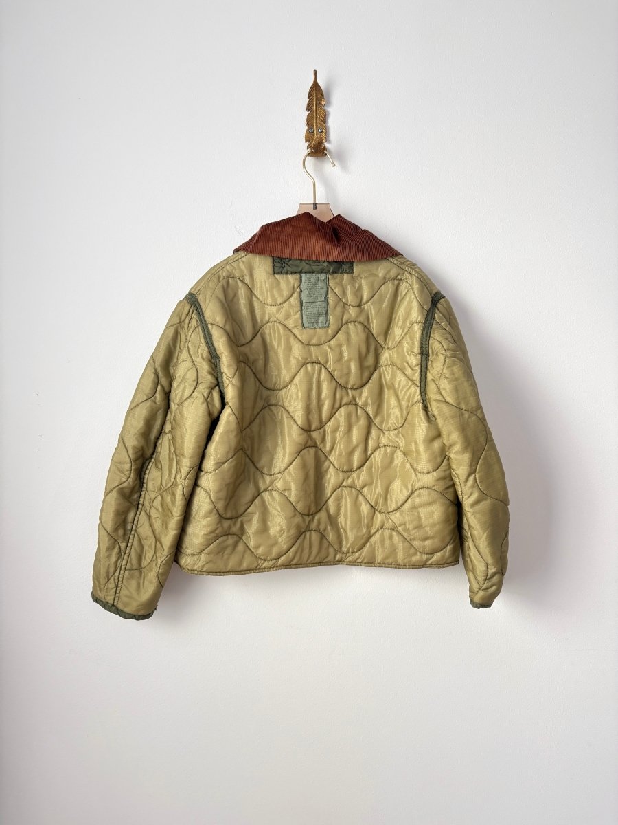 Light Olive Green Army Liner Quilted Coat w/ Brown Corduroy Collar, Brown Buttons, & Pockets (Reworked) - Made X Hudson