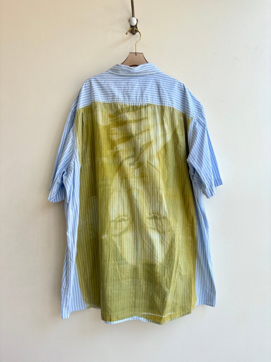Cher Dark Gold Cyanotype Blue Stripe Short Sleeve Button-Up Shirt (Reworked) - Made X Hudson