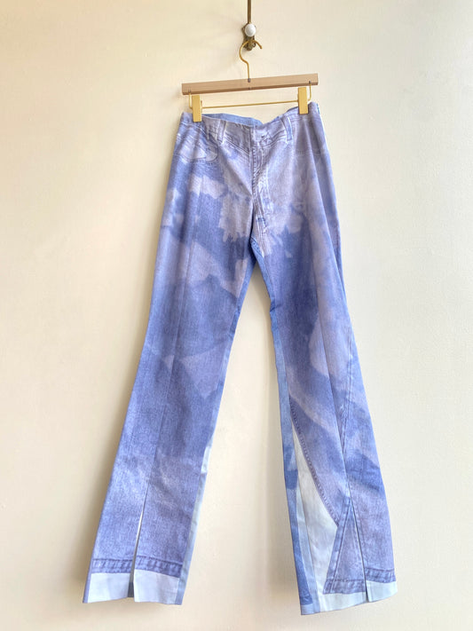 Elliss | Pale Blue Denim Printed Pants w/ Front Slit (Vintage)