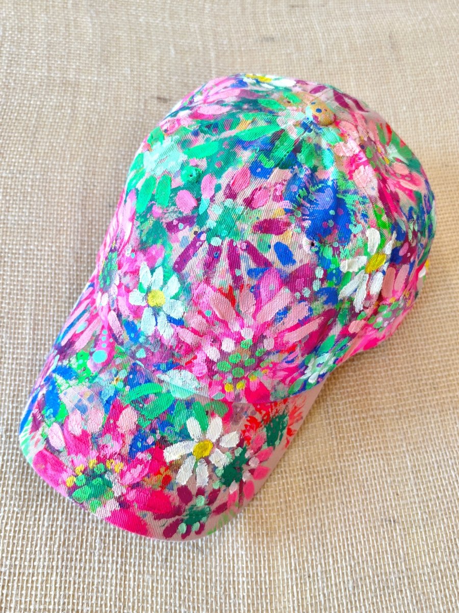 "Rosalyn" Pink Baseball Cap w/ Green Neon Flowers | Hand Painted - Made X Hudson