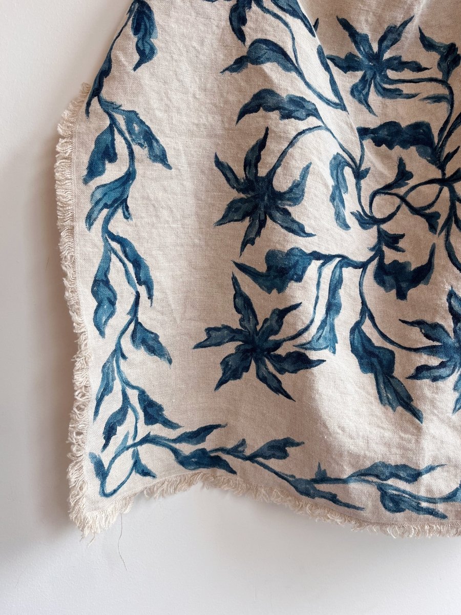 Hand Painted Blue Floral Motif on Natural Linen Bandana Scarf - Made X Hudson
