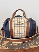 Mini Cross - Body Duffel Bag in Navy Hemp Cotton and Woven Grid Pattern w/ Brown Webbing - Made X Hudson