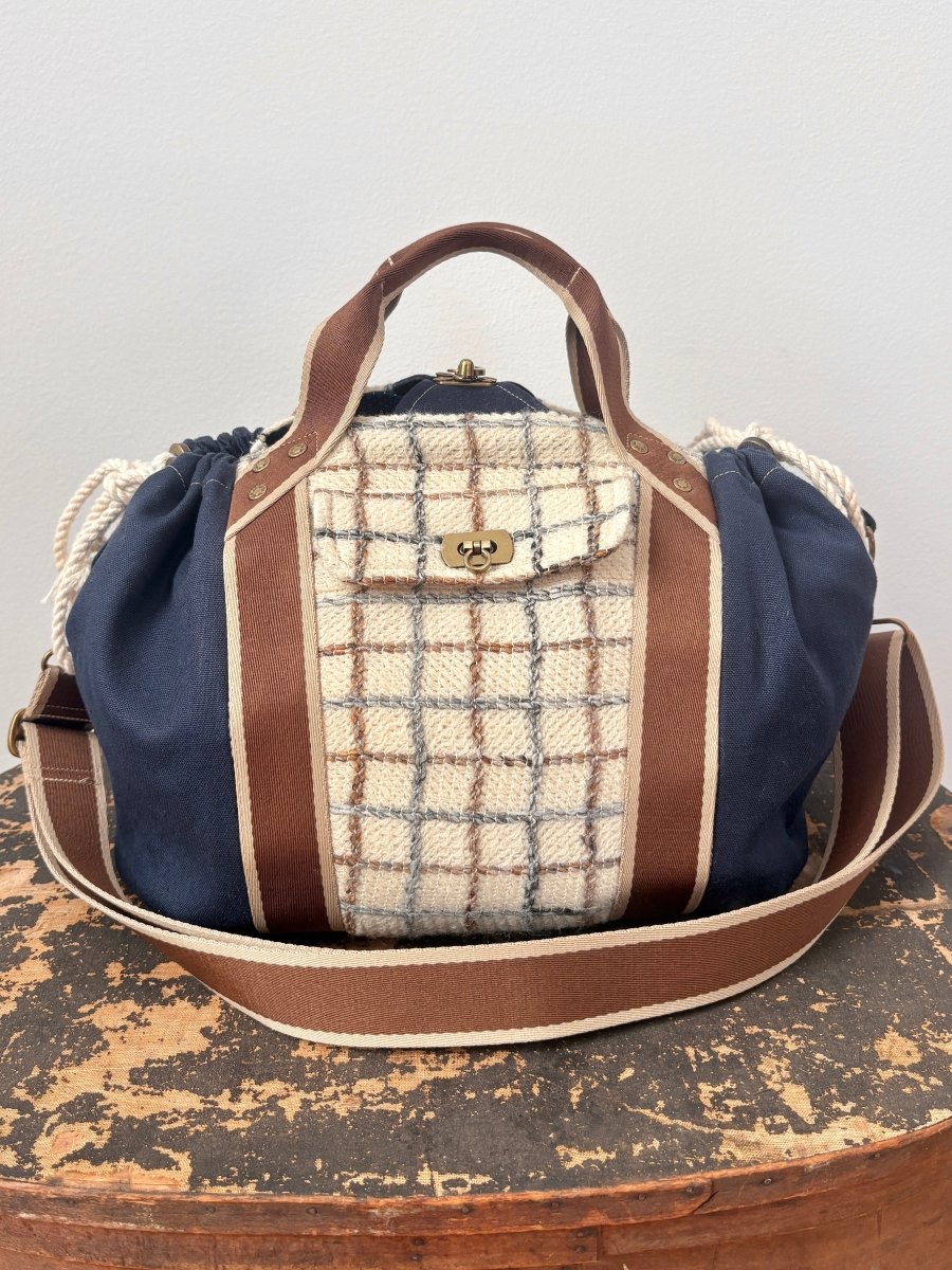 Mini Cross - Body Duffel Bag in Navy Hemp Cotton and Woven Grid Pattern w/ Brown Webbing - Made X Hudson