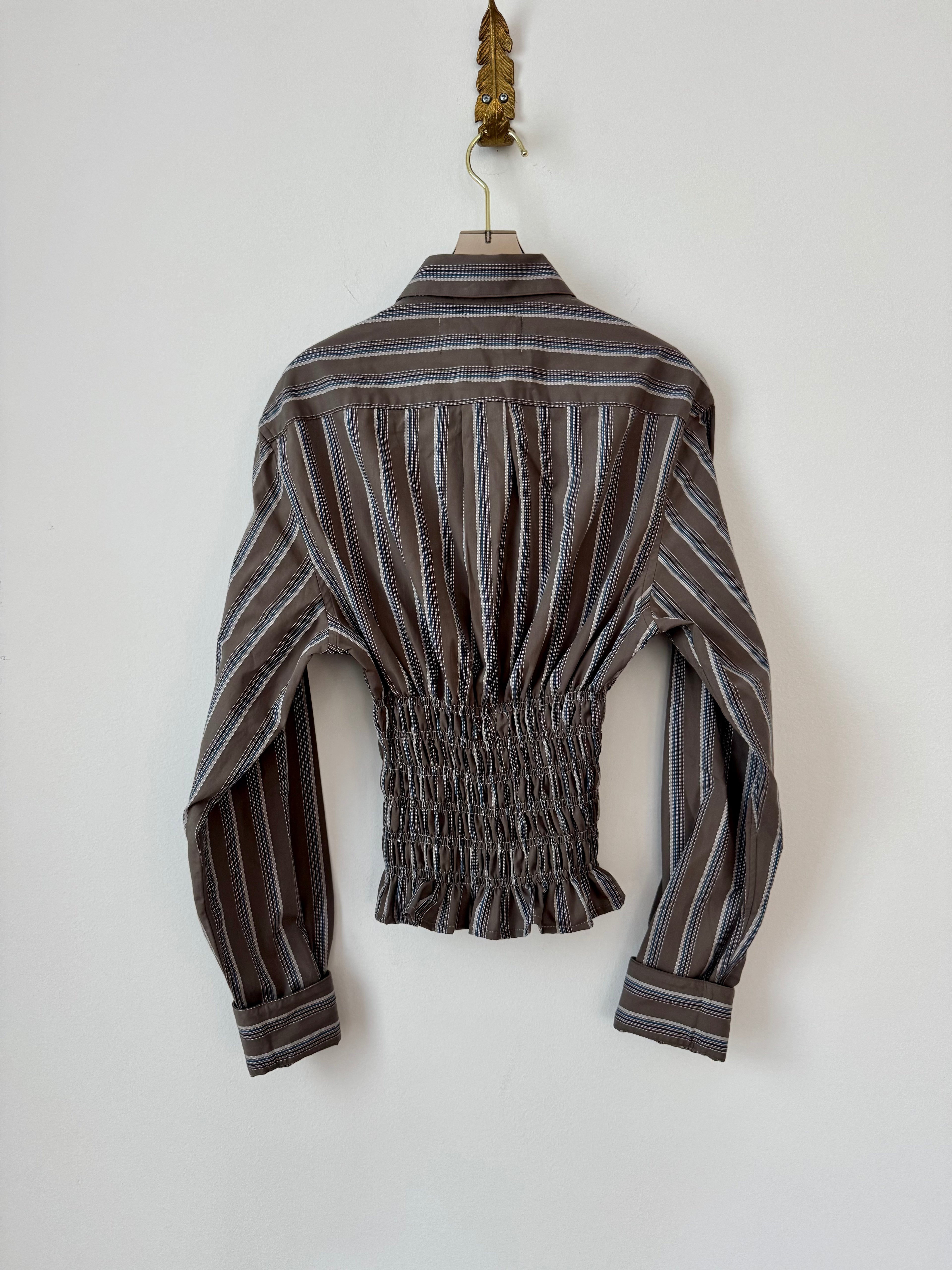 The George Top | Taupe & Multi Color Stripe Button Down w/ Smocked Waist (Reworked)