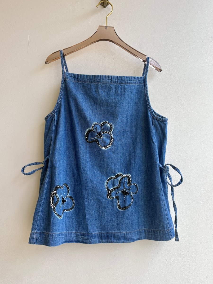 Black and White Stitched Flower Denim Tank | Hand Painted (Reworked) - Made X Hudson