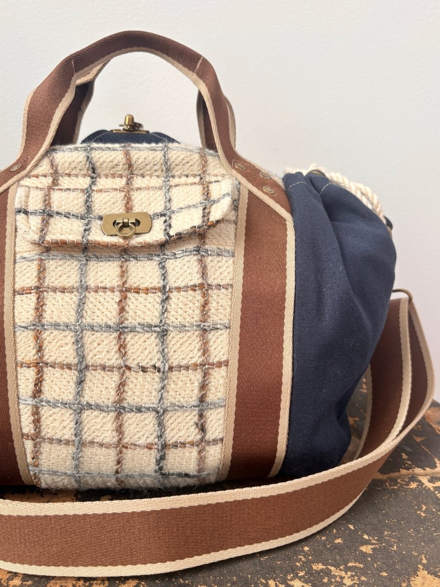 Mini Cross - Body Duffel Bag in Navy Hemp Cotton and Woven Grid Pattern w/ Brown Webbing - Made X Hudson