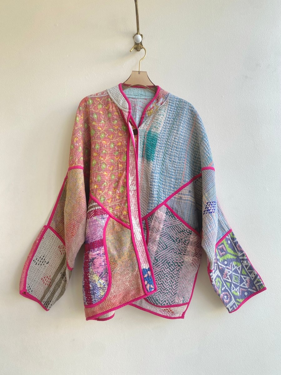 Reversible Ladhiya Quilted Jacket in Colors Pink, Blue, Coral & Pale Blue, Pink, Yellow Patchwork - Made X Hudson