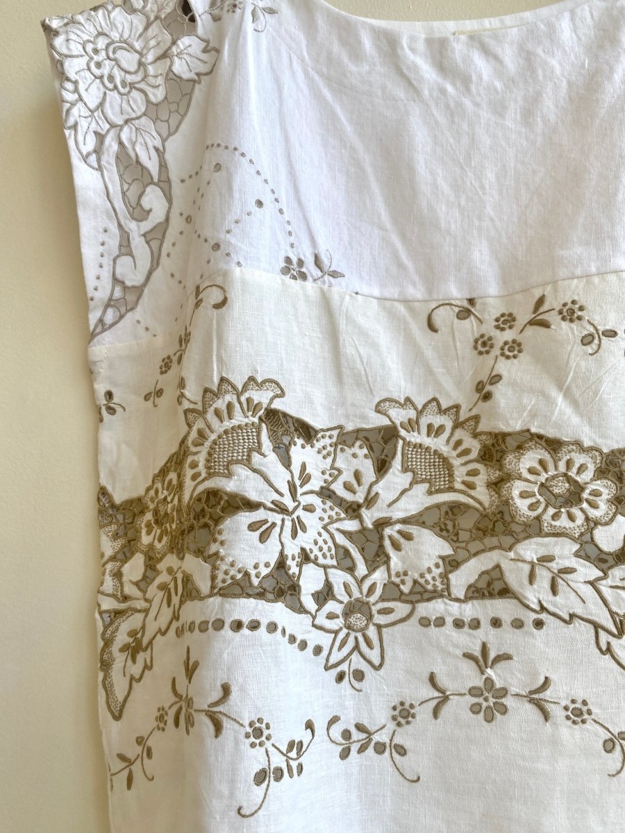 White & Brown Embroidered Linen Box Top - Made X Hudson