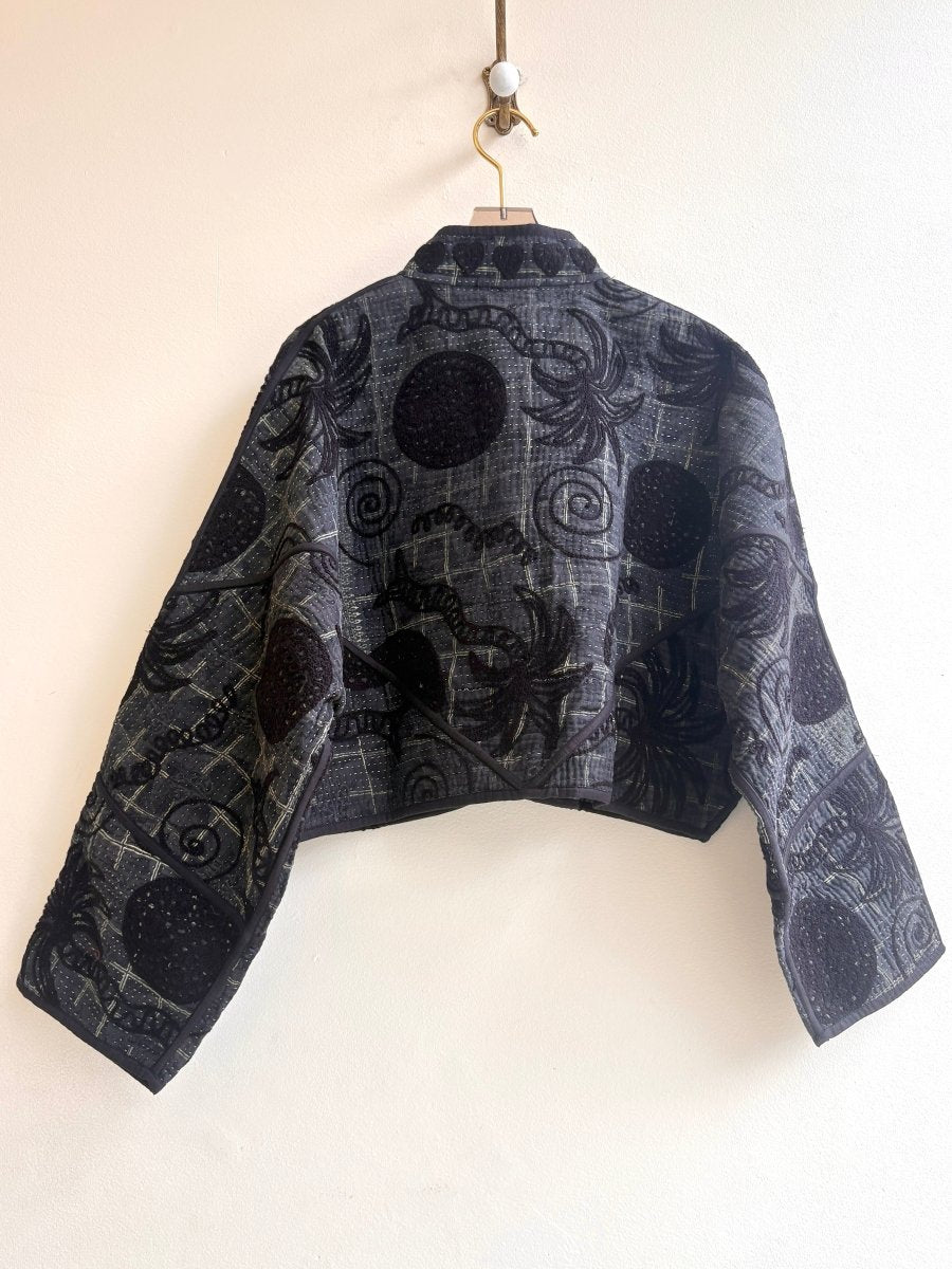 Reversible Kaira Suzani Quilted Cropped Jacket in Colors Charcoal Black, Grey, Soft Yellow & Black, Smoke Grey - Made X Hudson