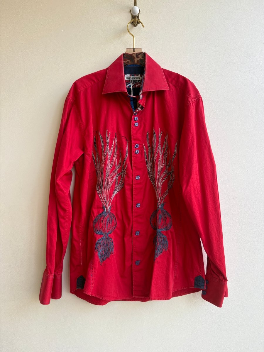 “Bruce” Red with White and Navy Embroidered Spring Onion Shirt (Reworked) - Made X Hudson