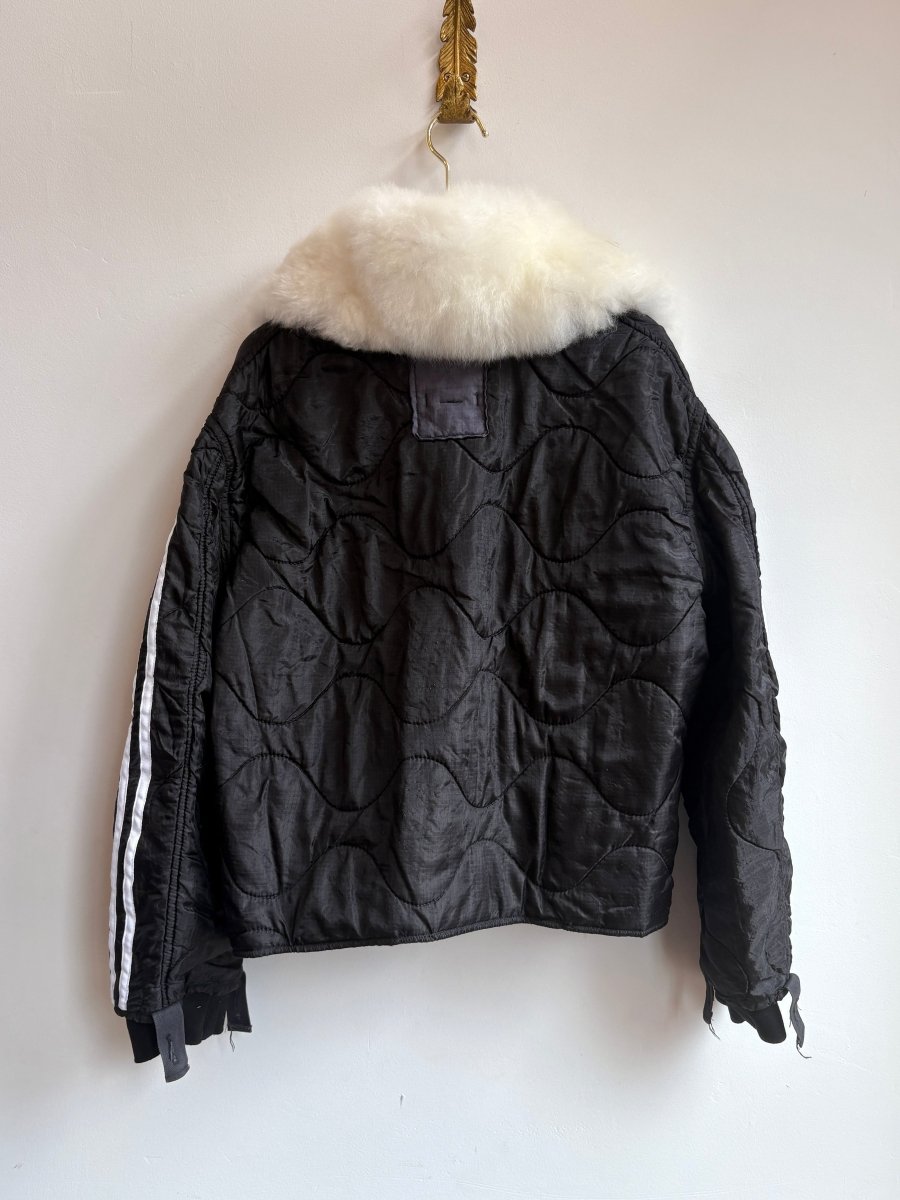 Black Army Liner Quilted Coat w/ White Alpaca Fur Collar, Athletic Stripe & White Buttons (Reworked) - Made X Hudson