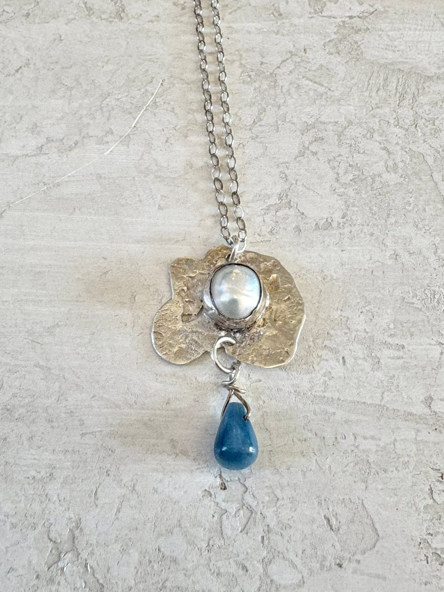 Blue Agate & Fresh Water Pearl Stone Set Sterling Silver Pendant Necklace - Made X Hudson