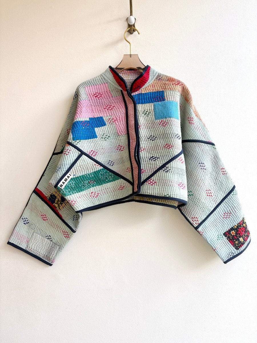 Reversible Kaira Quilted Cropped Jacket in Colors Mint Faded Stripe, Orange, Blue & Mustard, Grey, Teal - Made X Hudson