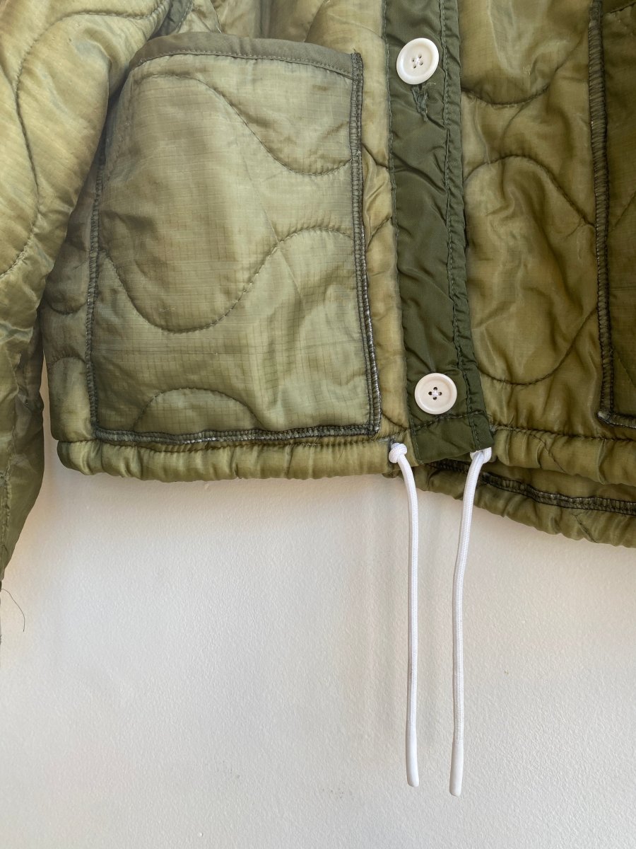 Olive Green Army Liner Quilted Coat w/ Patch Pockets & White Drawstring (Reworked) - Made X Hudson
