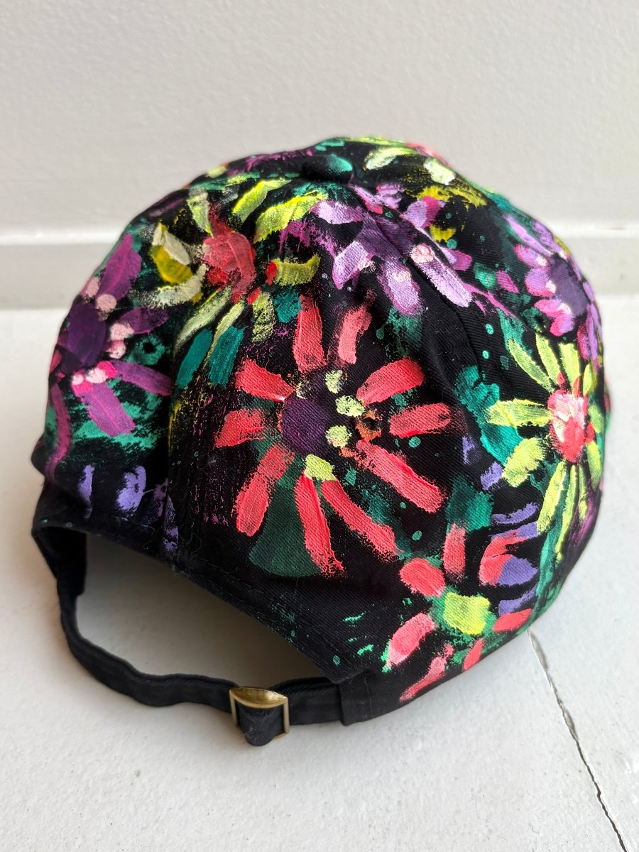"Blossom" Black Baseball Cap w/ Pink Neon Flowers | Hand Painted - Made X Hudson