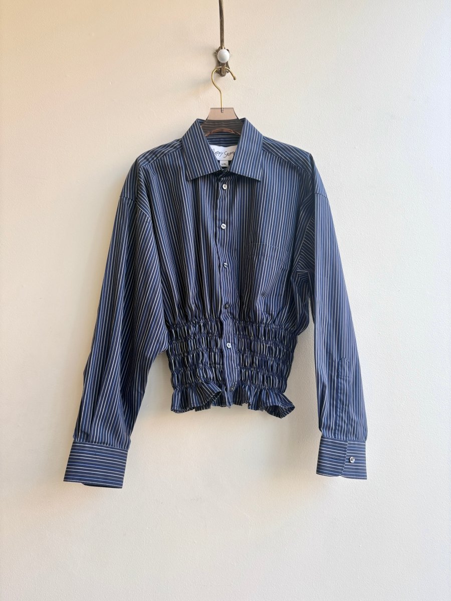 The George Top | Navy, Grey, & Slate Button Down Top w/ Smocked Waist (Reworked) - Made X Hudson