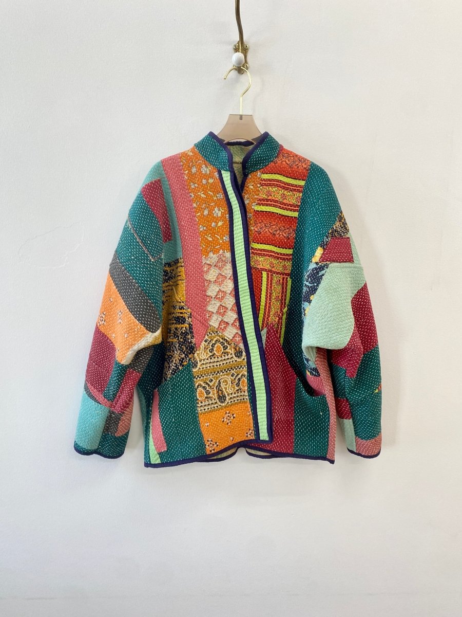 Reversible Ladhiya Quilted Jacket in Multi - Colored Patchwork w/ Green, Orange, Red, Teal & Pastel Green, Orange, Yellow - Made X Hudson