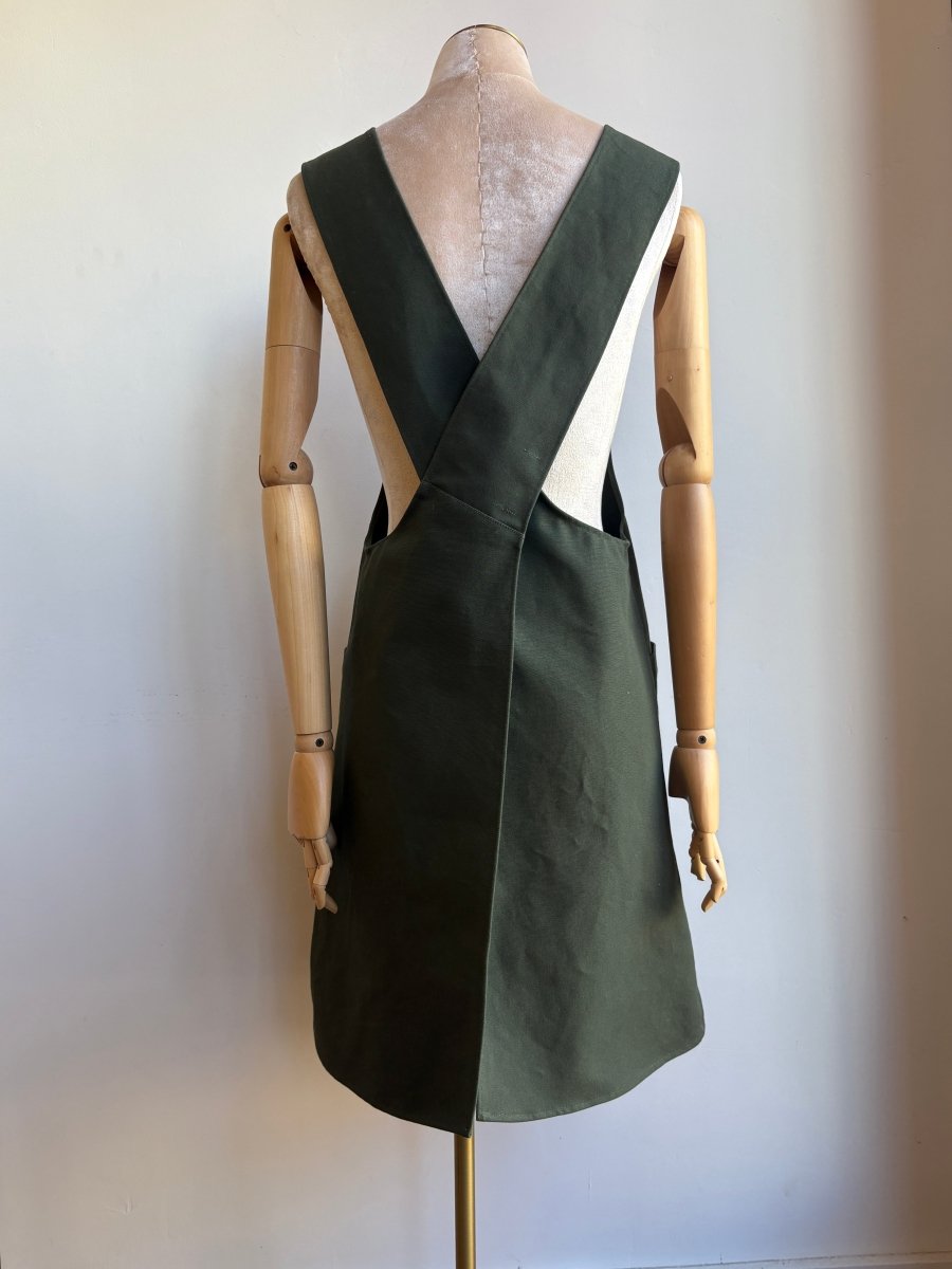 Army Green Cotton Canvas Hand - Embroidered Pinafore Apron - Made X Hudson