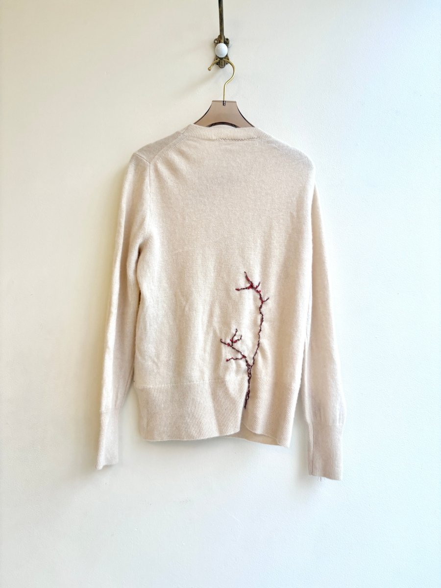 Festive Red & Green Embroidered Cream Cashmere Sweater (Reworked) - Made X Hudson