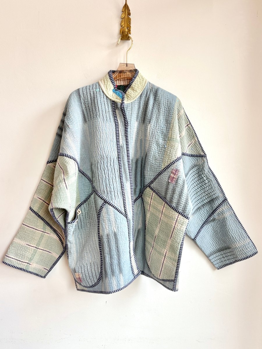 Reversible Ladhiya Quilted Jacket in Colors Pale Blue, Navy, Mint, Cream & Multi - Colored Patchwork - Made X Hudson