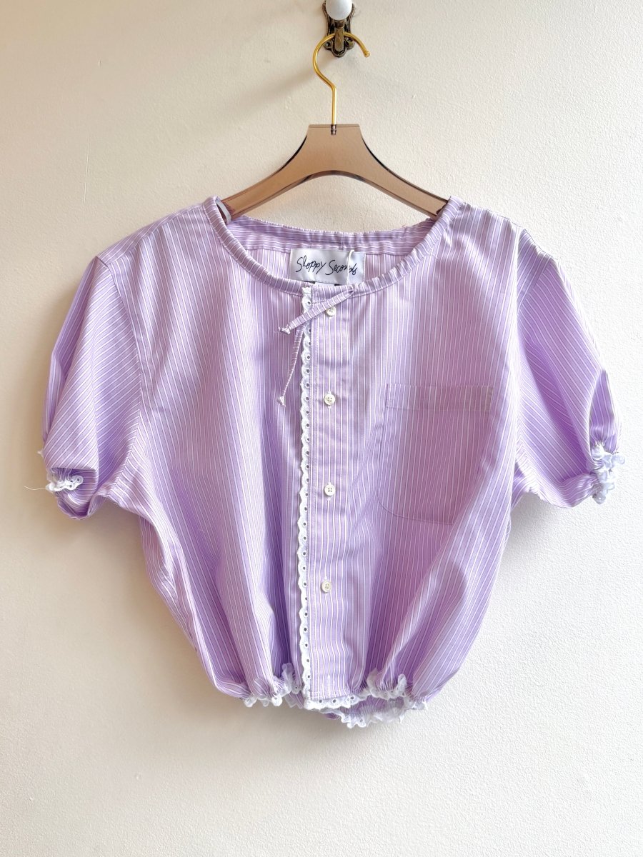 The Henry Top | Lilac Stripe Cap Sleeve w/ Smocked Waist & Eyelet Trim (Reworked) - Made X Hudson
