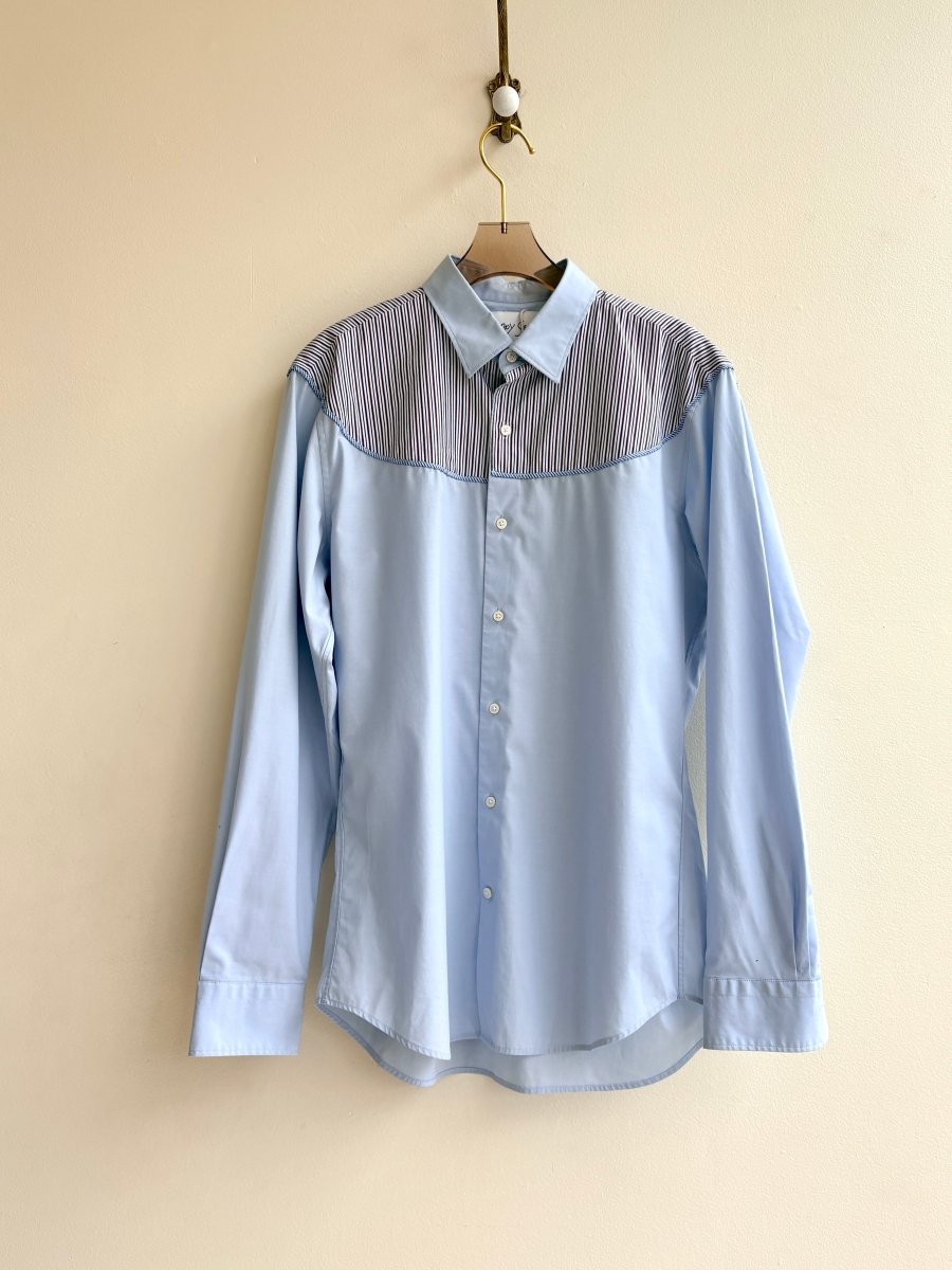 Austin Top | Blue Button Down Top w/ Brown & Blue Pinstripe Shoulder Accent (Reworked) - Made X Hudson