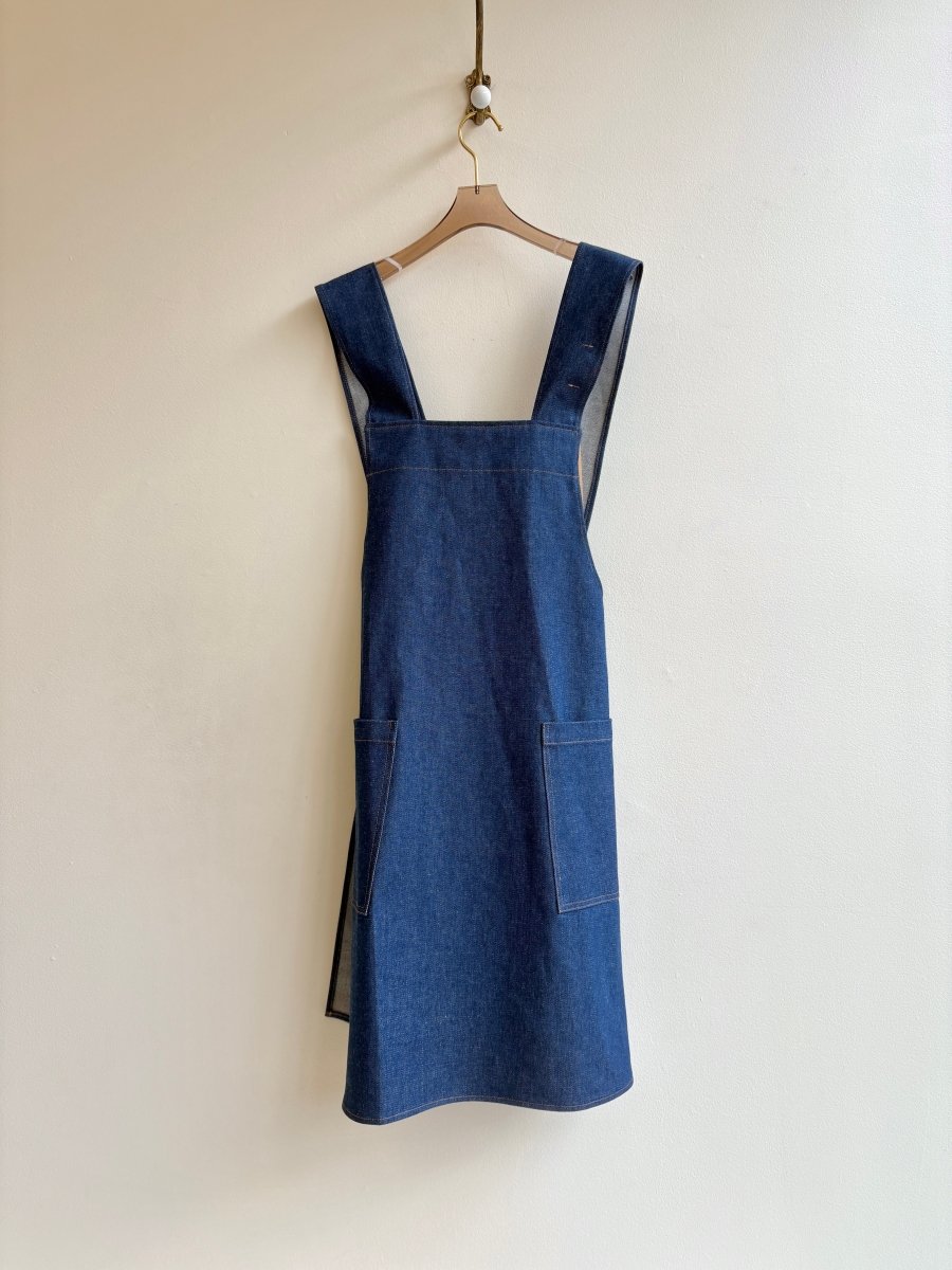 Classic Denim w/ Gold Stitching Pinafore Apron w/ Patch Pockets