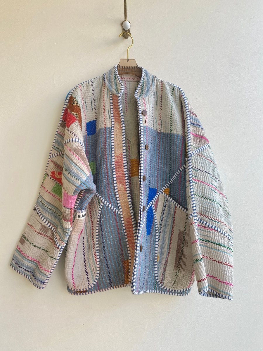 Reversible Ladhiya Quilted Jacket in Colors Cream & Blue w/ Patchwork and Stripes - Made X Hudson