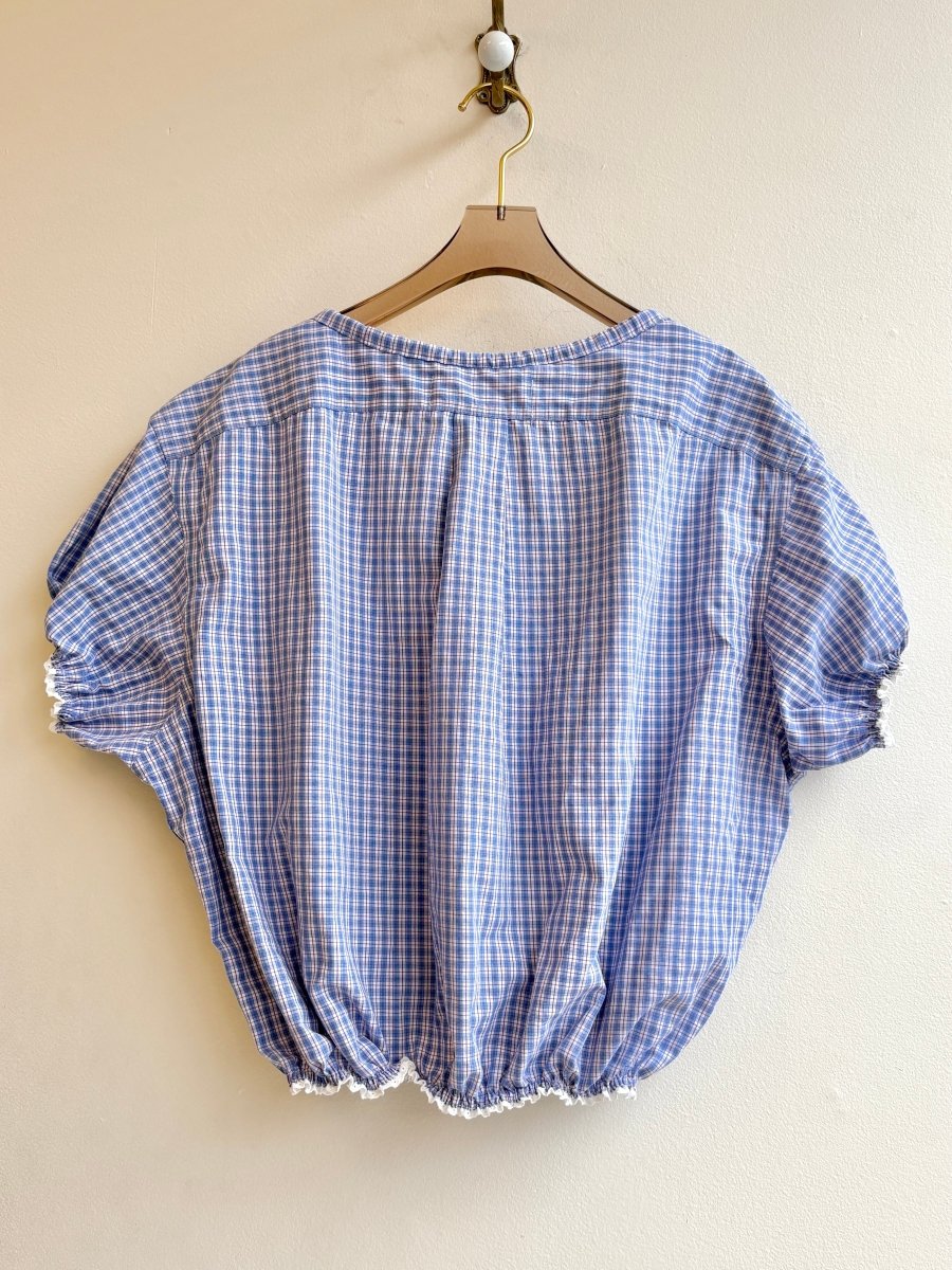 The Henry Top | Pale Blue & Fuchsia Plaid Cap Sleeve w/ Smocked Waist & Eyelet Trim (Reworked) - Made X Hudson